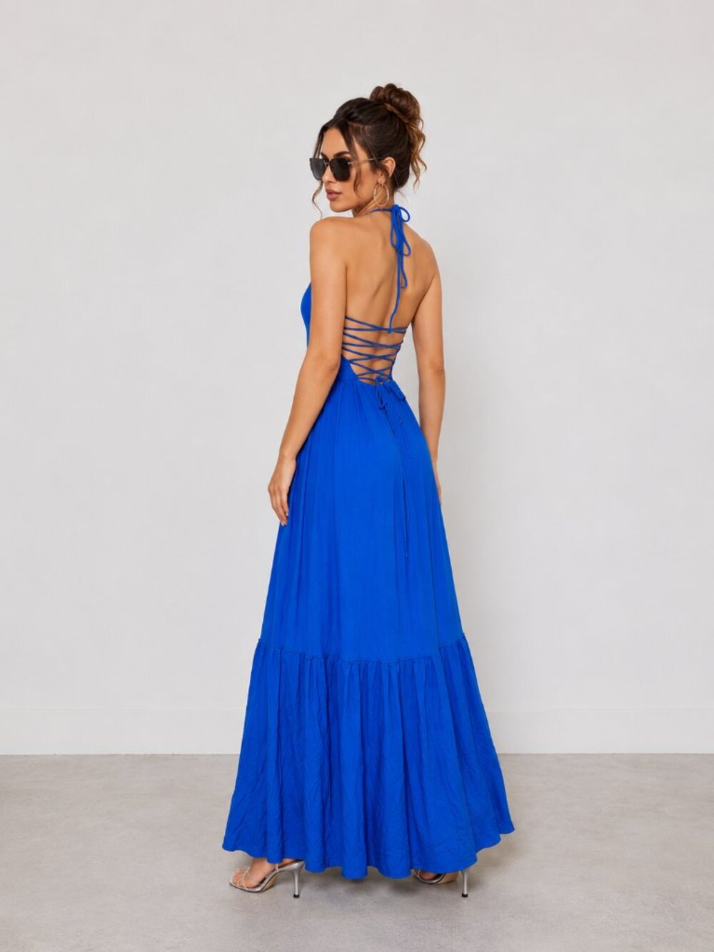 Royal Blue Boho Halter Maxi Dress Lace Up Back NWT